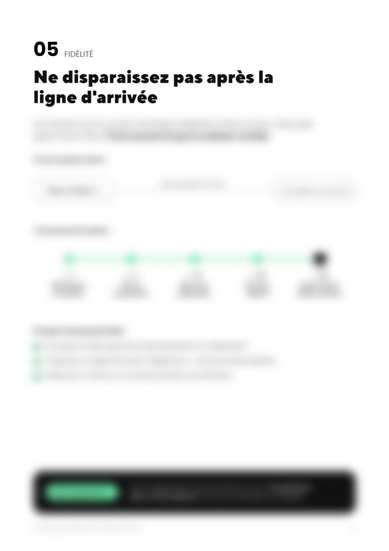 Page 8 du guide (contenu flouté) : ne disparaissez pas après la ligne d'arrivée