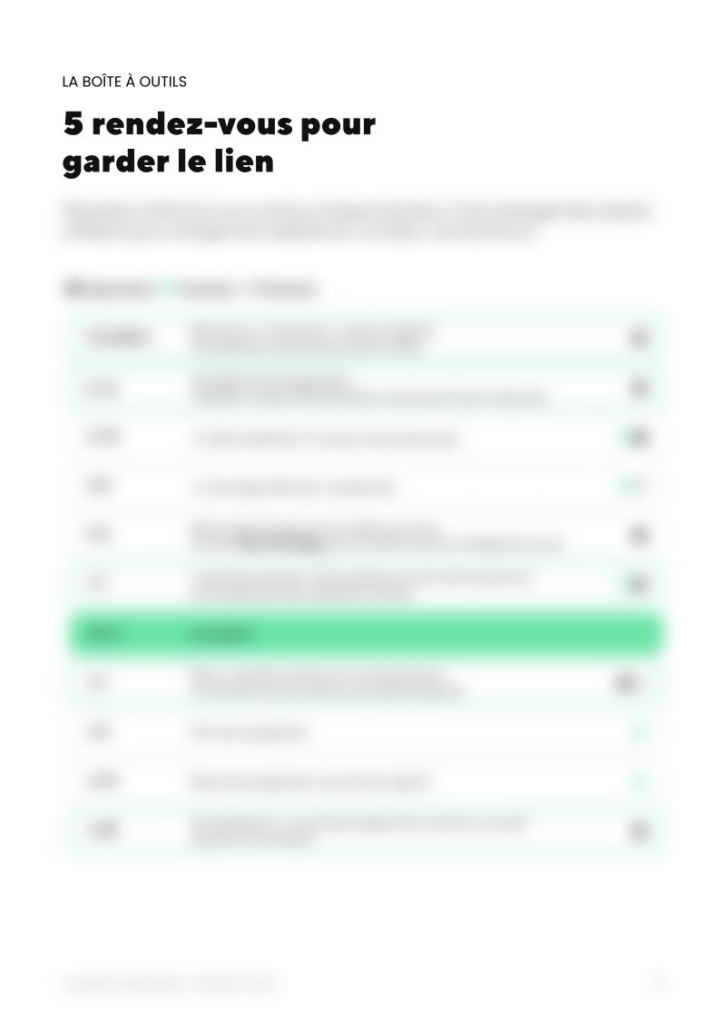 Page 10 du guide (contenu flouté) : 5 rendez-vous pour garder le lien