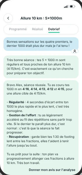 Debrief d'une séance dans l'application RunMotion Coach