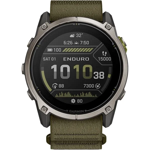 Garmin Enduro 4 ultra-trail GPS watch in titanium with olive green strap