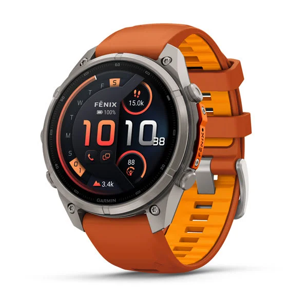 Garmin fenix 9 outdoor GPS watch in titanium with orange strap