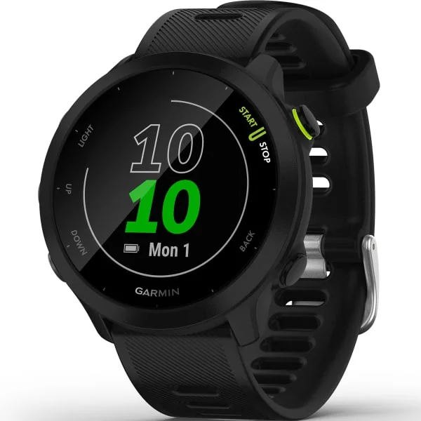 Garmin Forerunner 55 black GPS running watch, front view