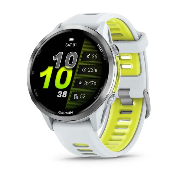 Garmin Forerunner 970 GPS trail running watch in white and yellow